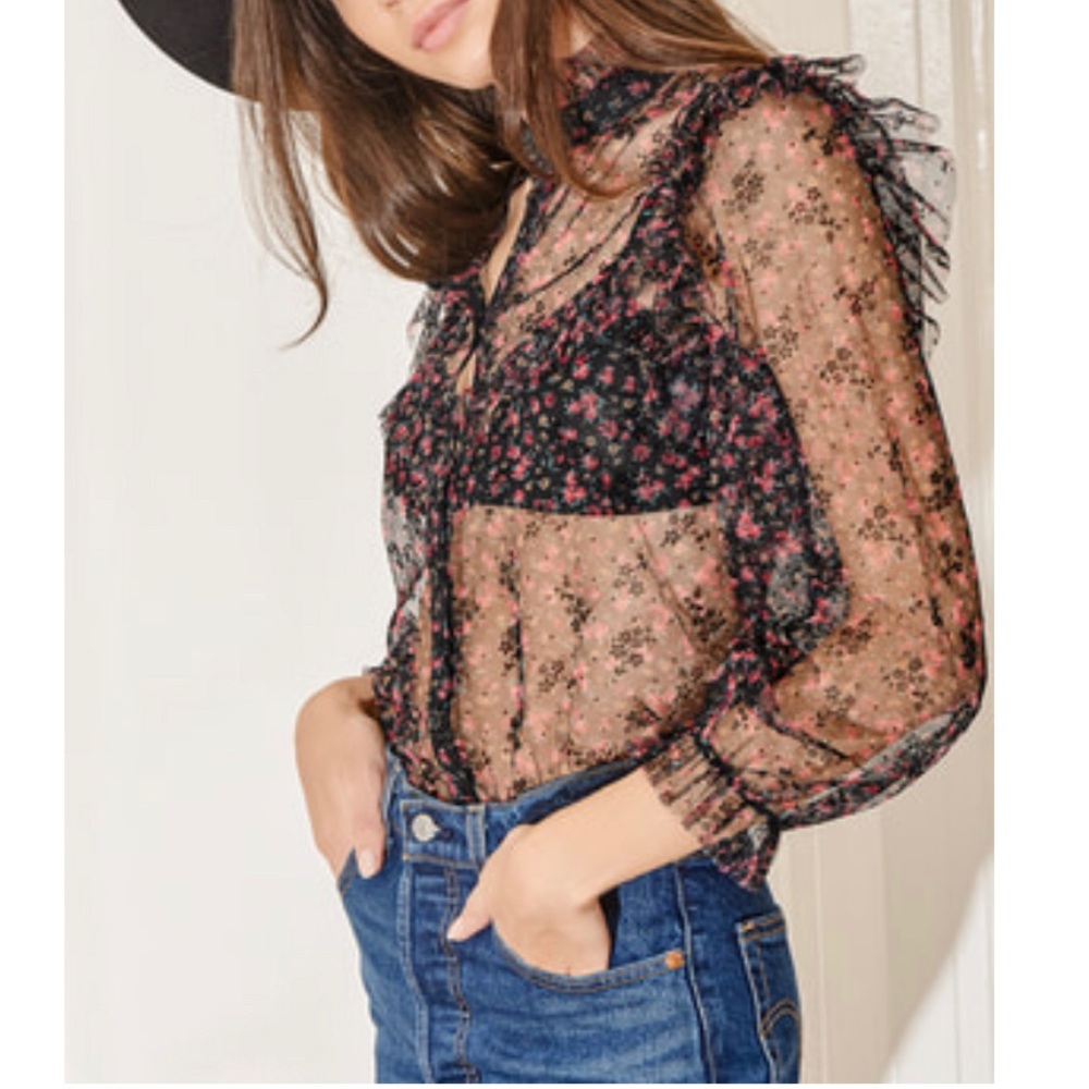 Sheer black floral print ruffled mesh button up